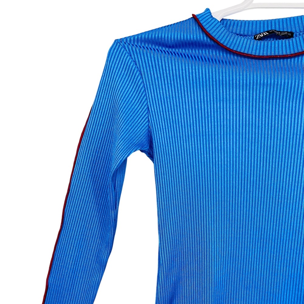 Zara Ribbed Knit Long Sleeve Top Electric Blue Burgundy Trim Flare Cuff M - Picture 4 of 6
